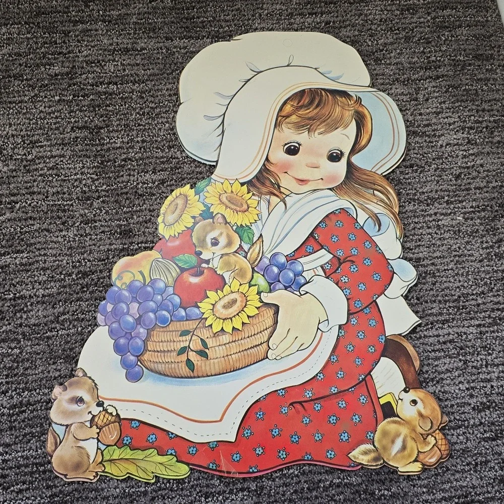 3 Large Vintage Die Cut Thanksgiving Double Sided Window Wall Decor Pilgrim Girl